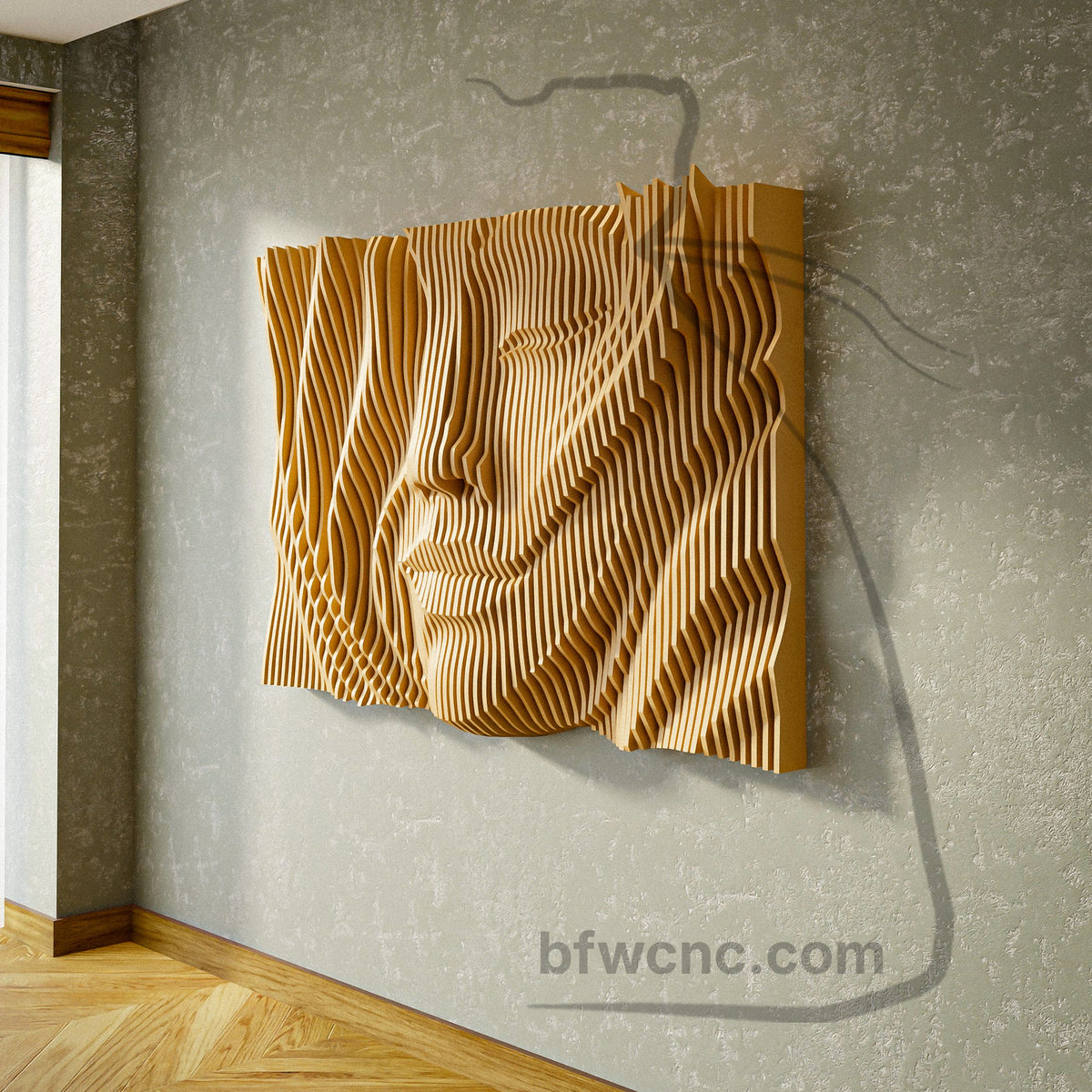 Angled view of PP10 parametric female face wall art in natural wood, showing deep sculptural contours and geometric forms on the right.