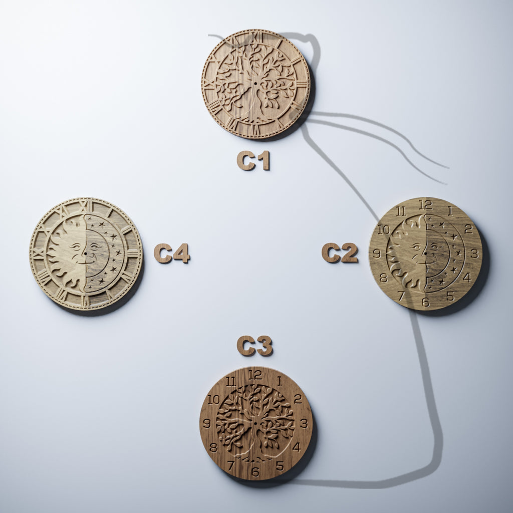Tree of life and sun and moon CNC clock bundle, Roman and Arabic numerals