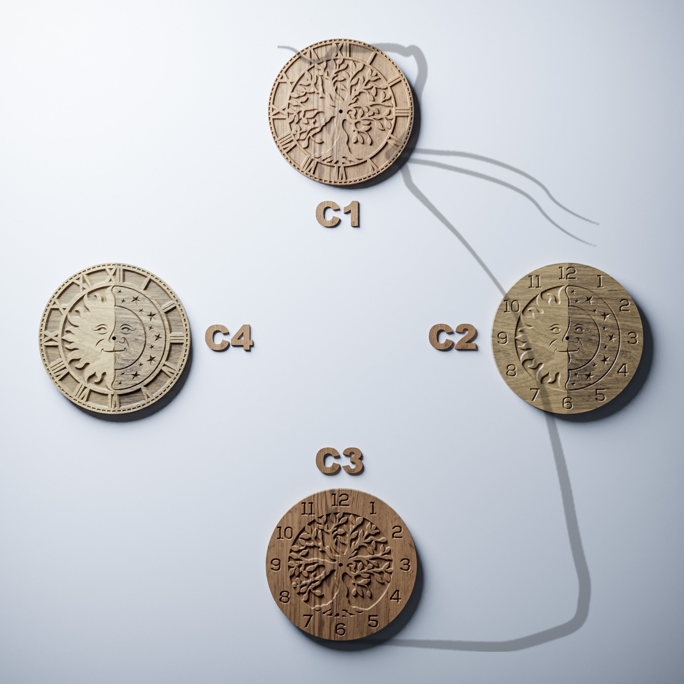 Tree of life and sun and moon CNC clock bundle, Roman and Arabic numerals