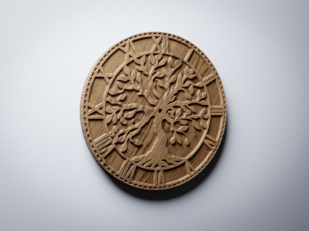 C1 tree of life CNC clock  oak finish render, angle view showing relief deph