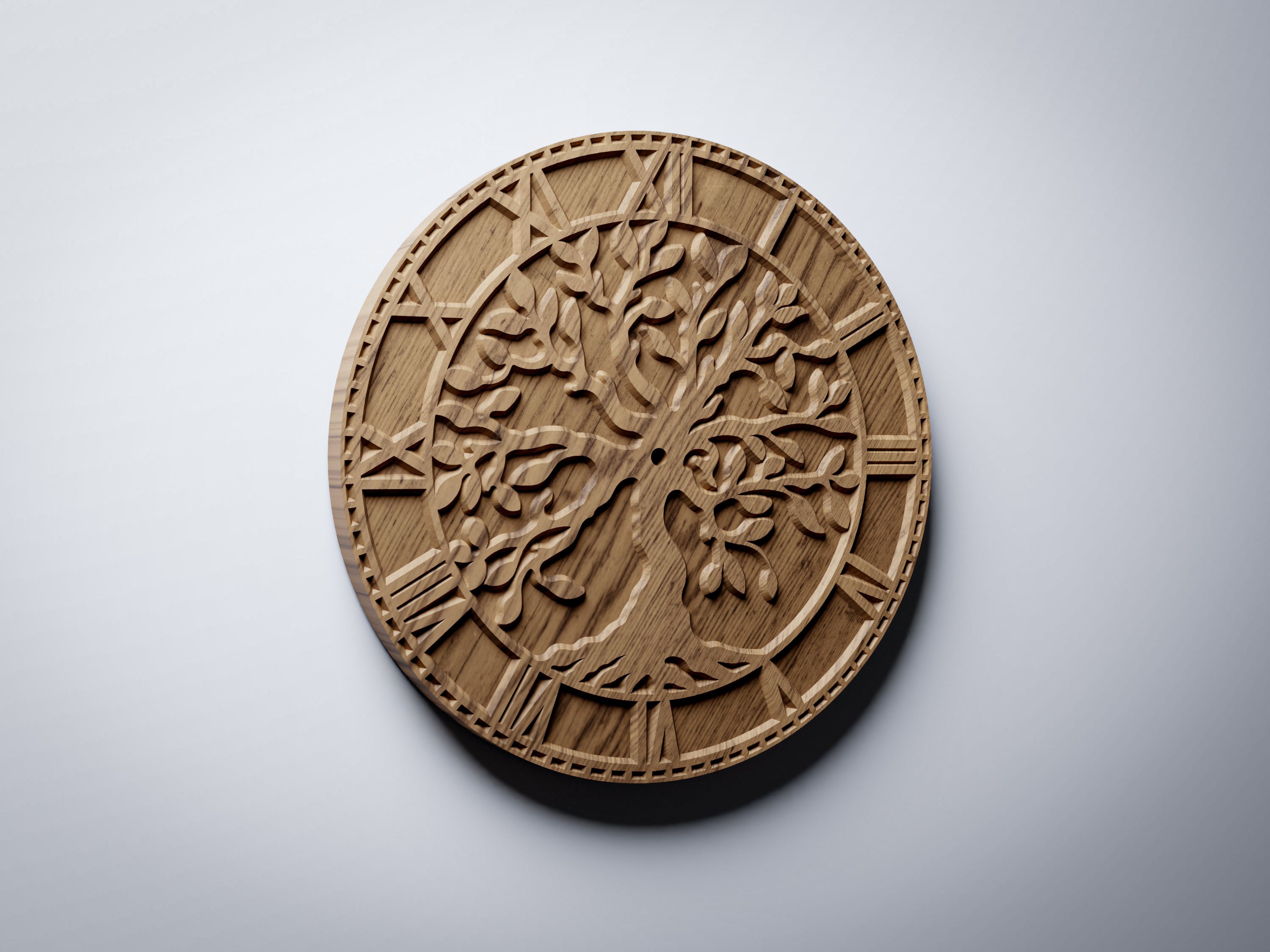 C1 tree of life CNC clock  oak finish render, angle view showing relief deph
