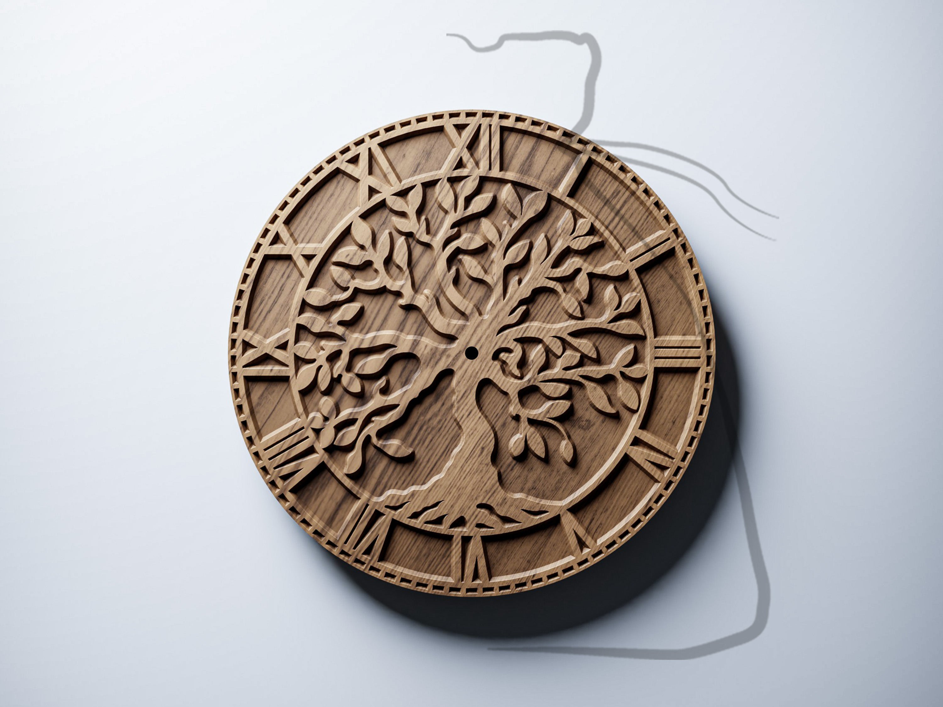 C1 tree of life CNC clock  warm oak render, front view, thumbnail, BFW Logo