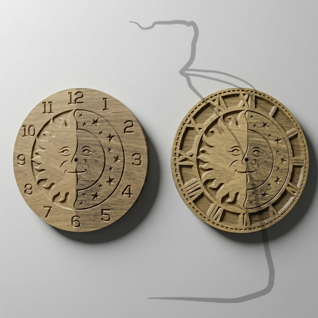 C2+C4 sun and moon CNC clock bundle, Arabic and Roman numeral versions, side by side render