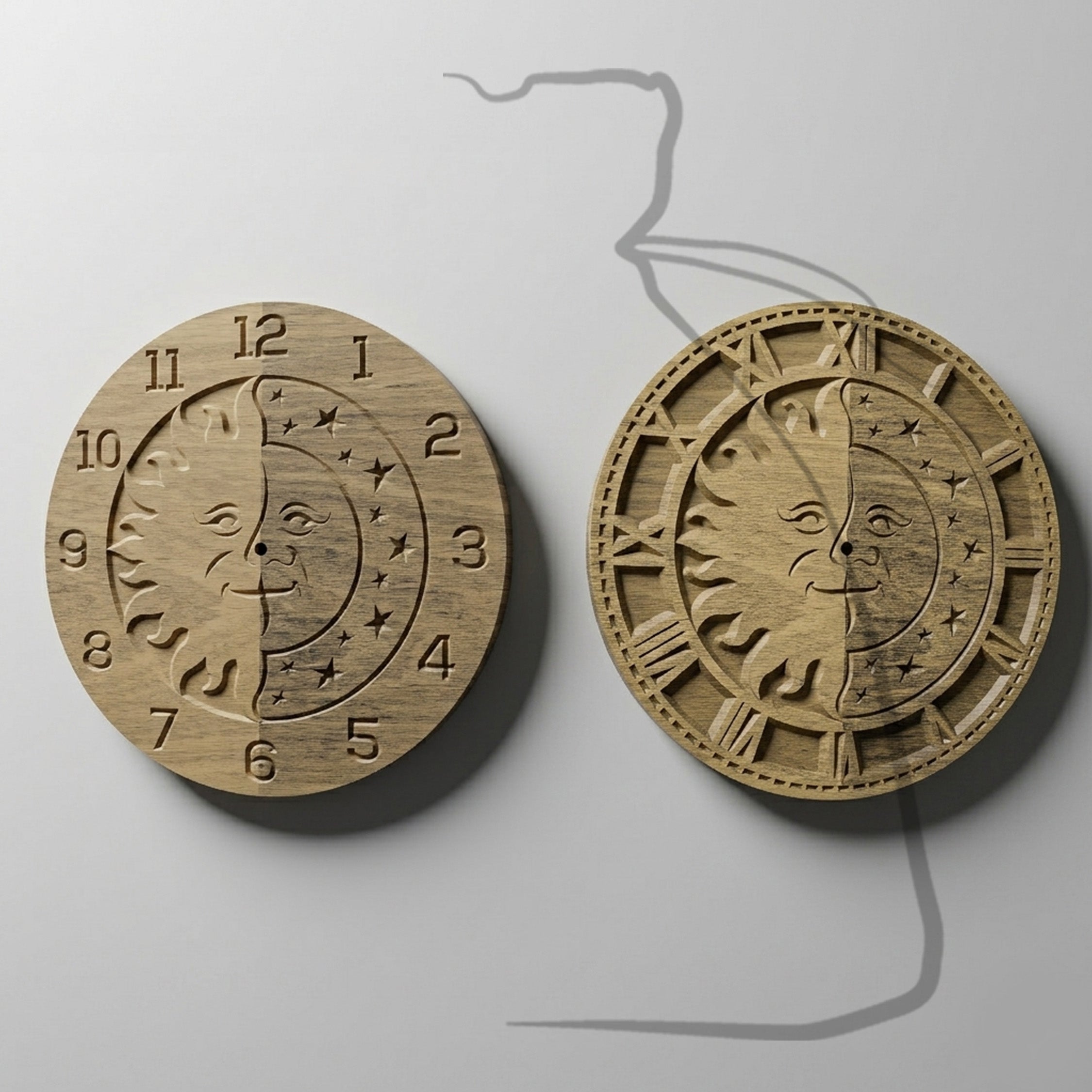 C2+C4 sun and moon CNC clock bundle, Arabic and Roman numeral versions, side by side render