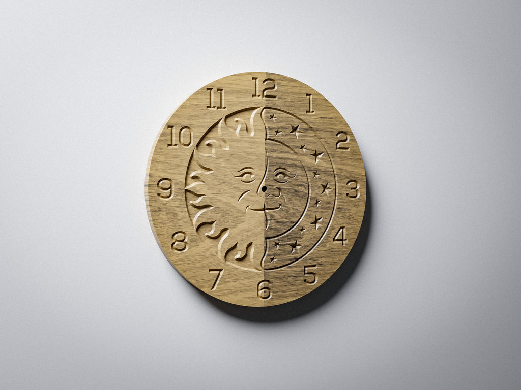 C2 sun and moon CNC clock, warm oak render, angle view showing sun face left and moon face right