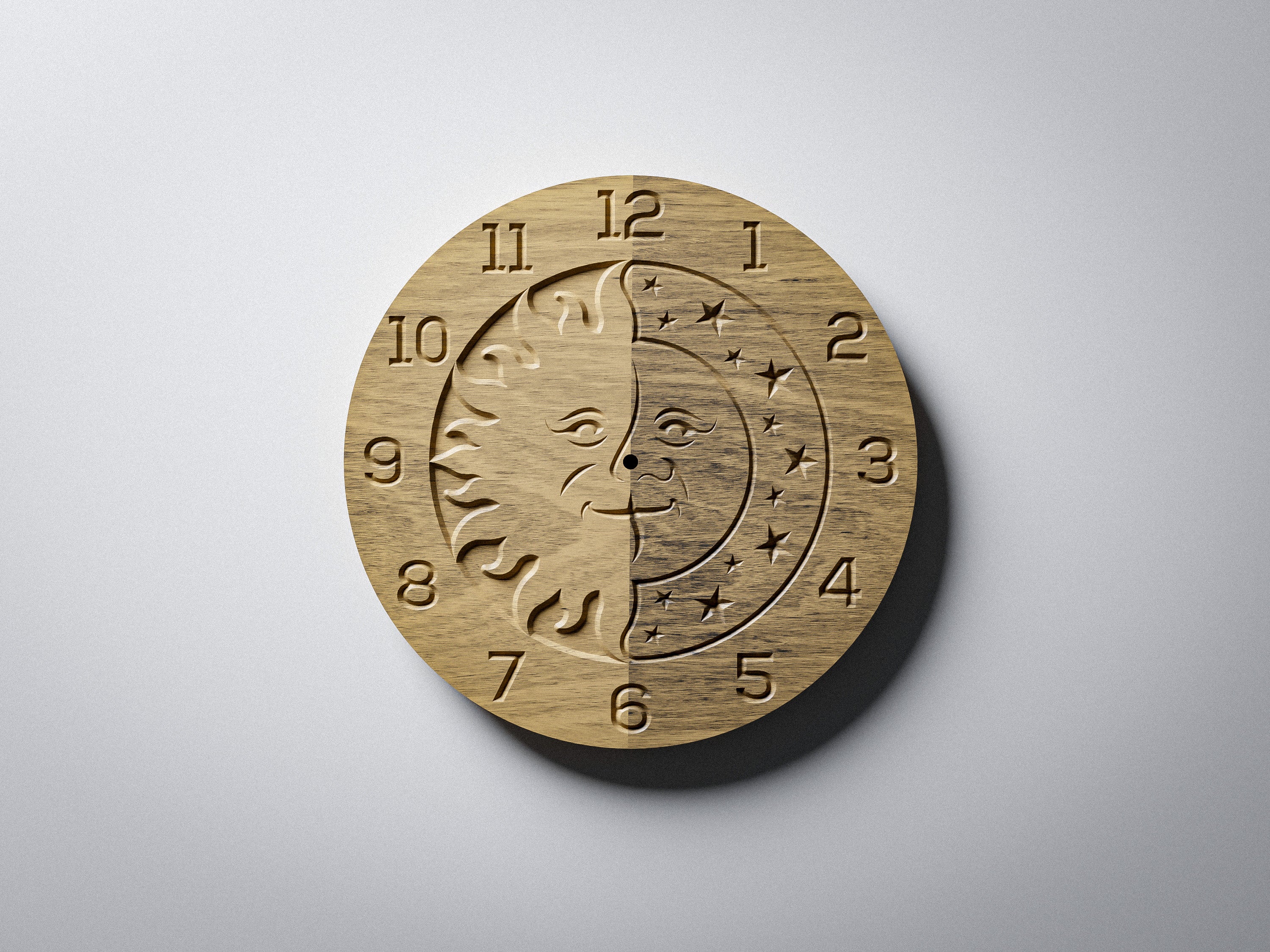 C2 sun and moon CNC clock, warm oak render, front view. Suitable for CNC router, laser and 3D printer