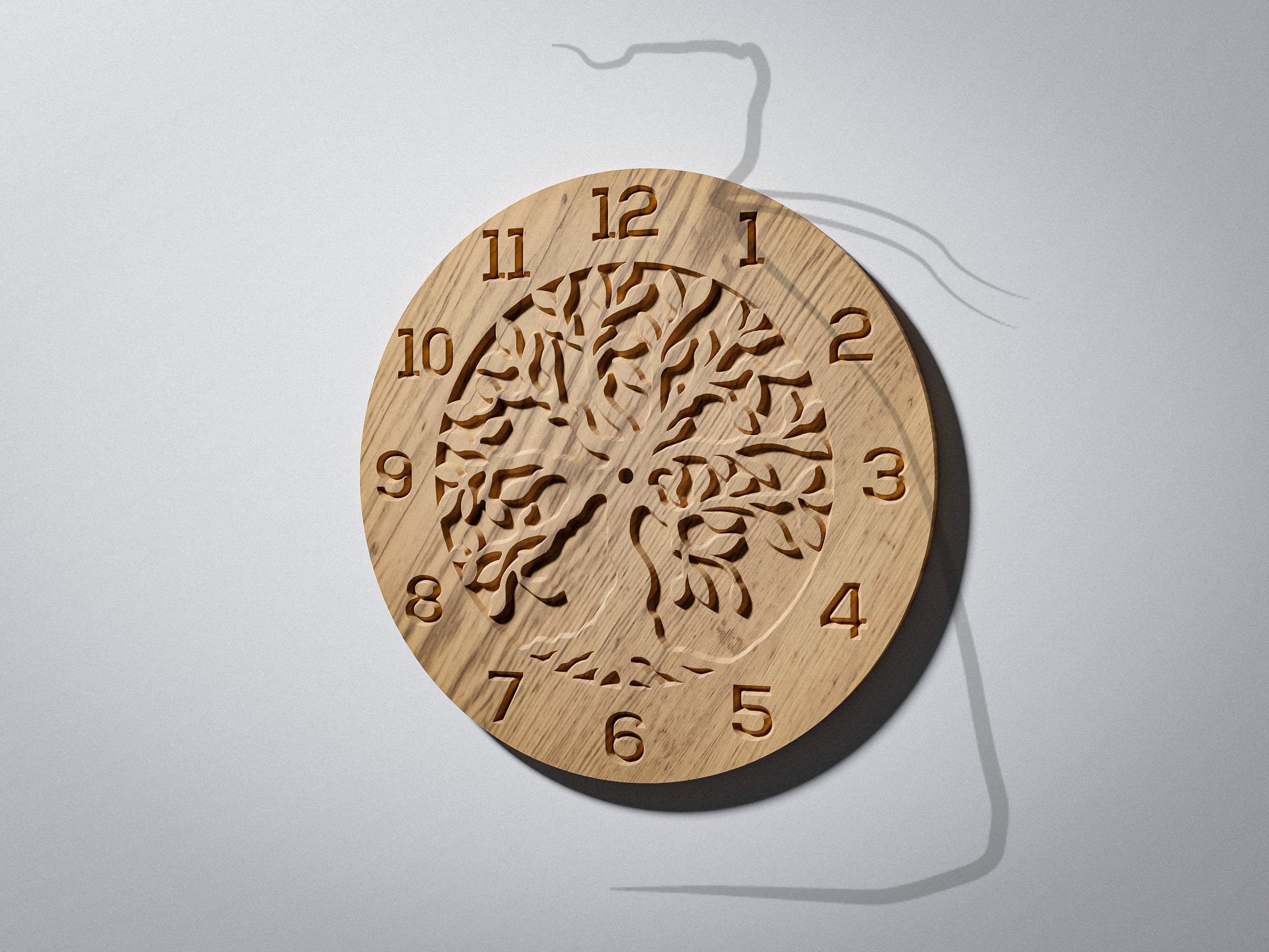 C3 tree of life CNC clock face, warm oak render, made with CNC router V-carving
