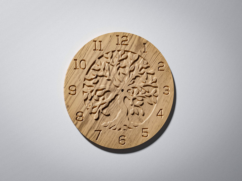 C3 tree of life CNC clock face, warm oak render, angle view showing tree carving depth
