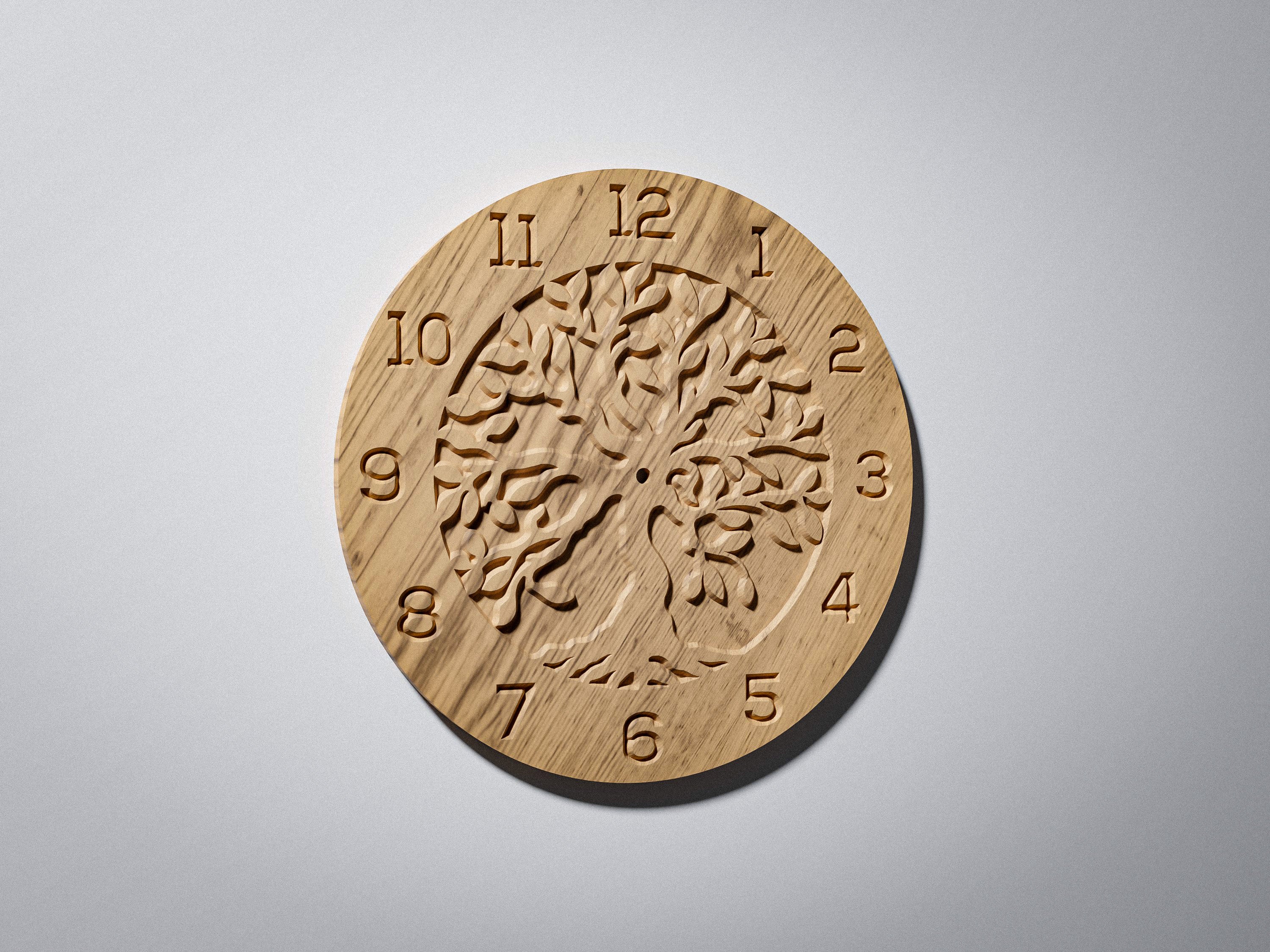 C3 tree of life CNC clock face, warm oak render, angle view showing tree carving depth