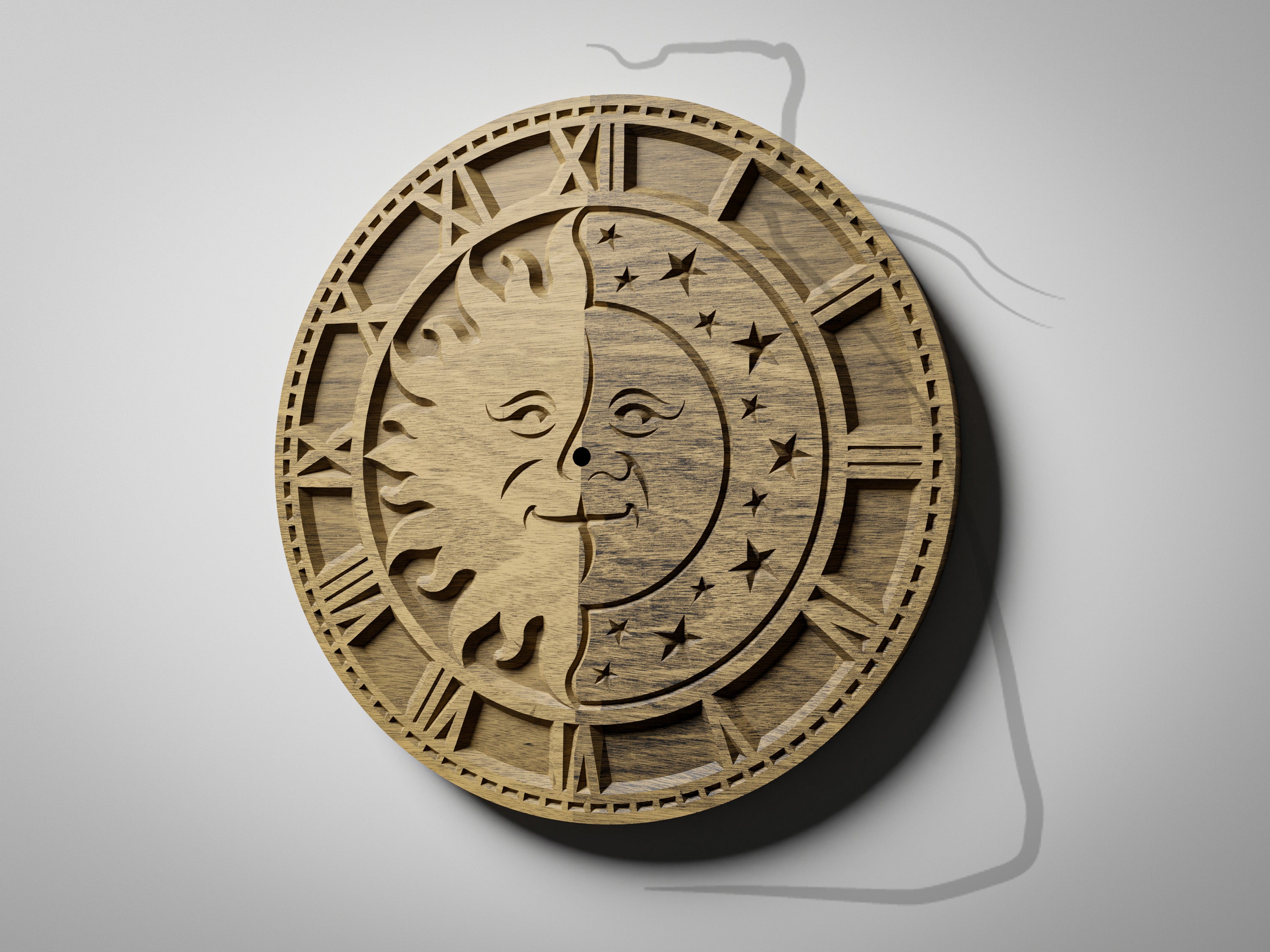 C4 sun and moon CNC clock, Roman numerals, two color wood build, angle view showing sun face and decorative numeral ring