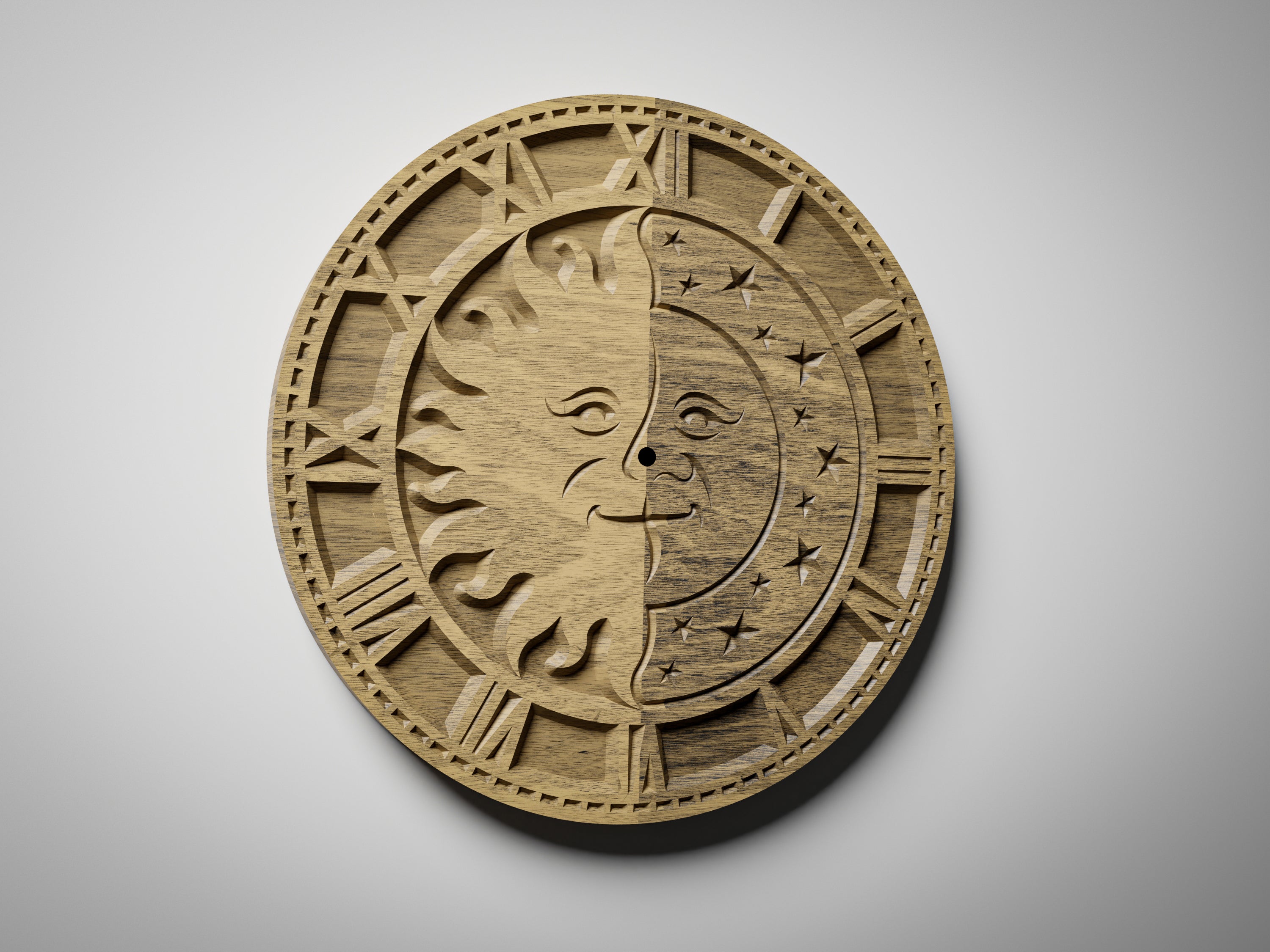 C4 sun and moon CNC clock, Roman numerals, contrasting oak , front view