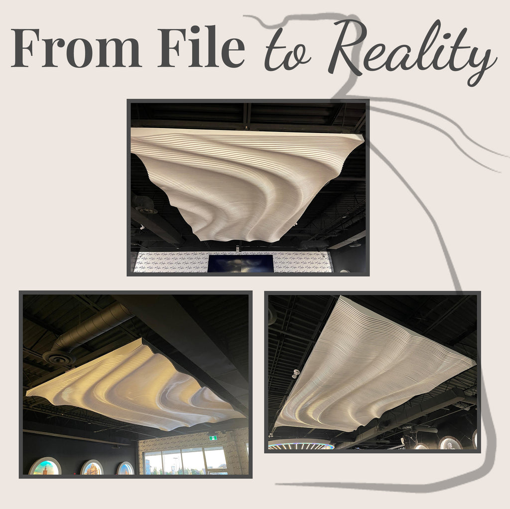 PP6 parametric wave panels installed as suspended ceiling feature  white painted, restaurant installation