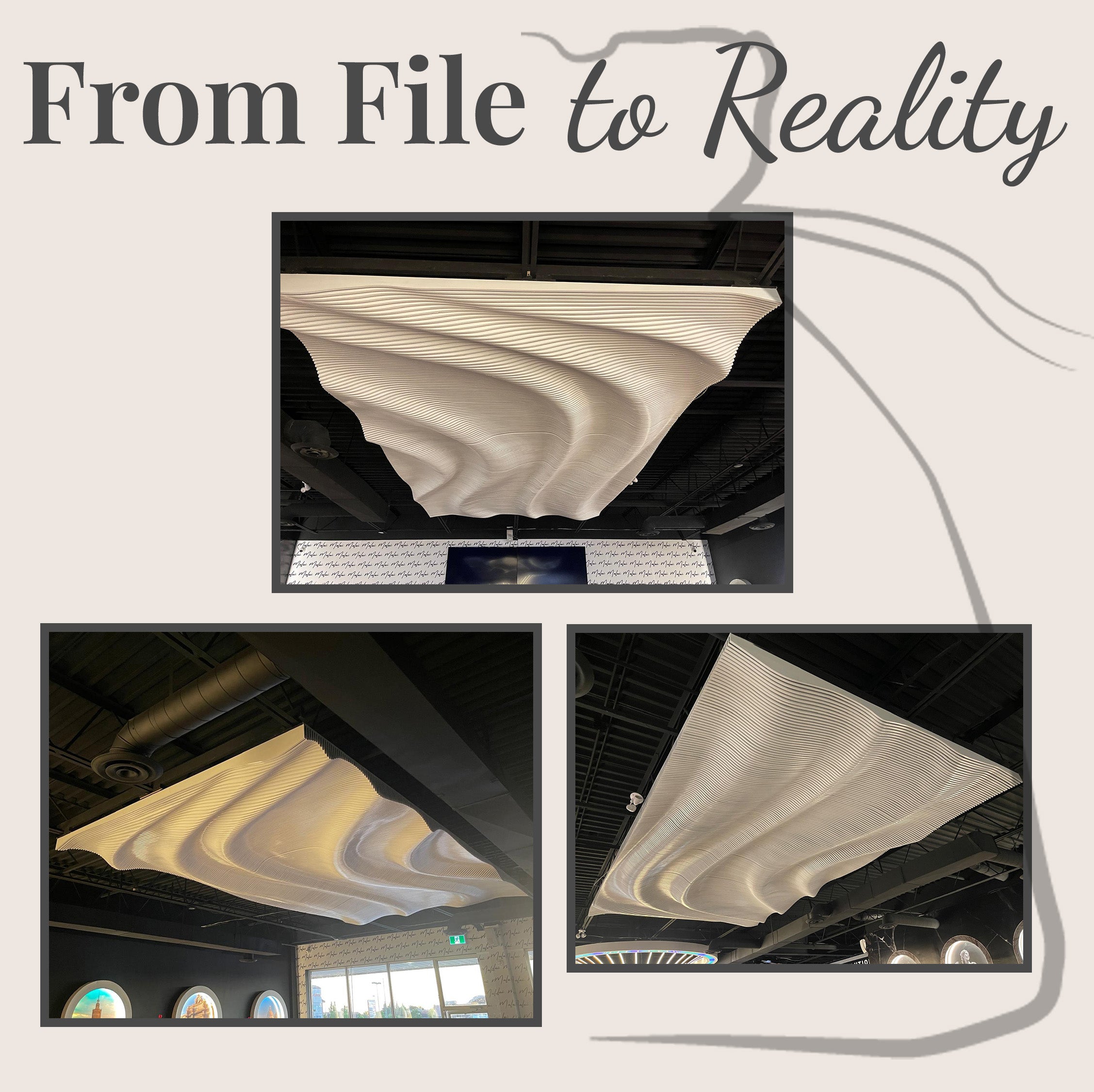 PP6 parametric wave panels installed as suspended ceiling feature  white painted, restaurant installation