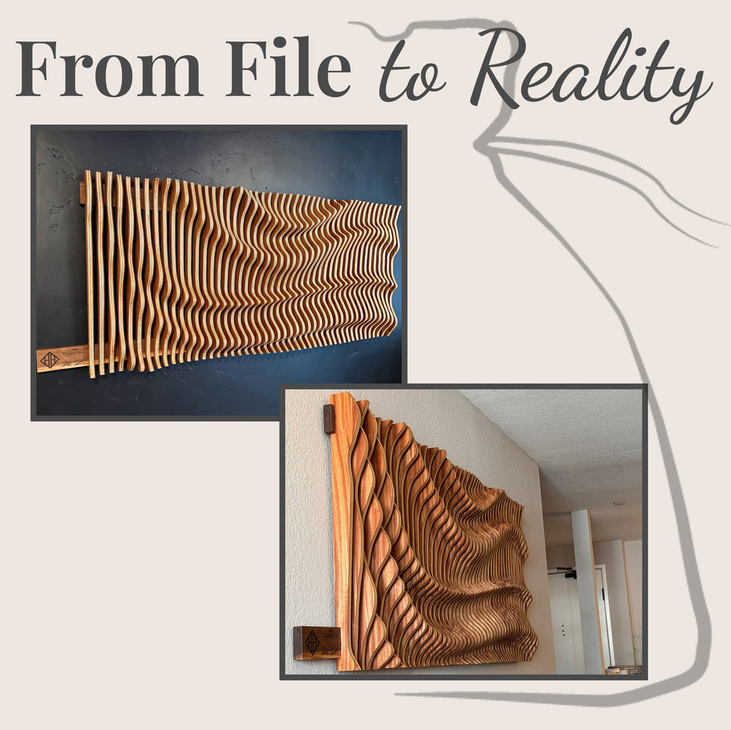 PP6 parametric wave wall art built by BFW customer, natural wood finish, residential dark wall installation