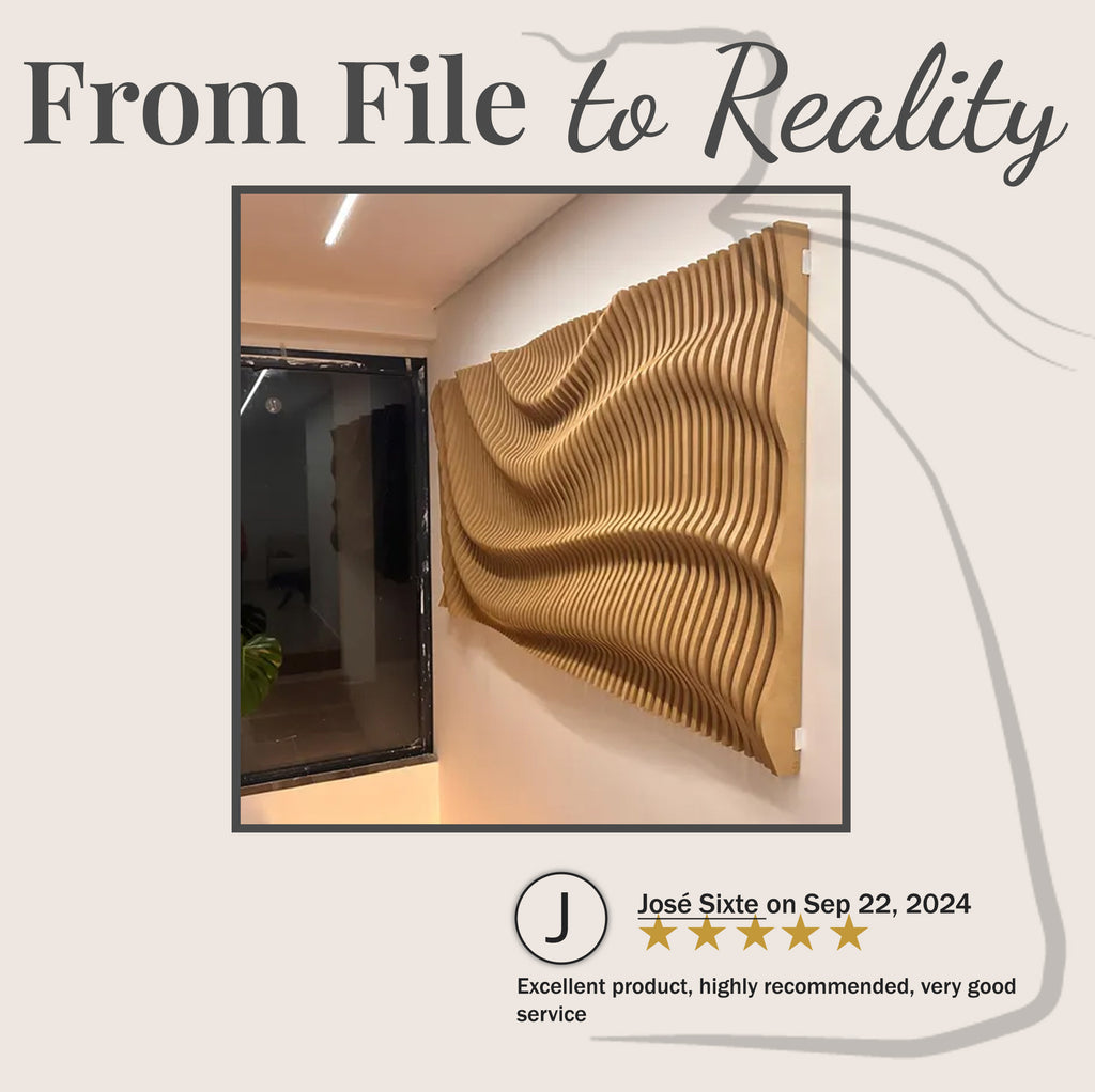 PP6 parametric wave wall art built by CNC maker - natural wood finish, residential white wall with window, with review prizing the BFW shop owner.