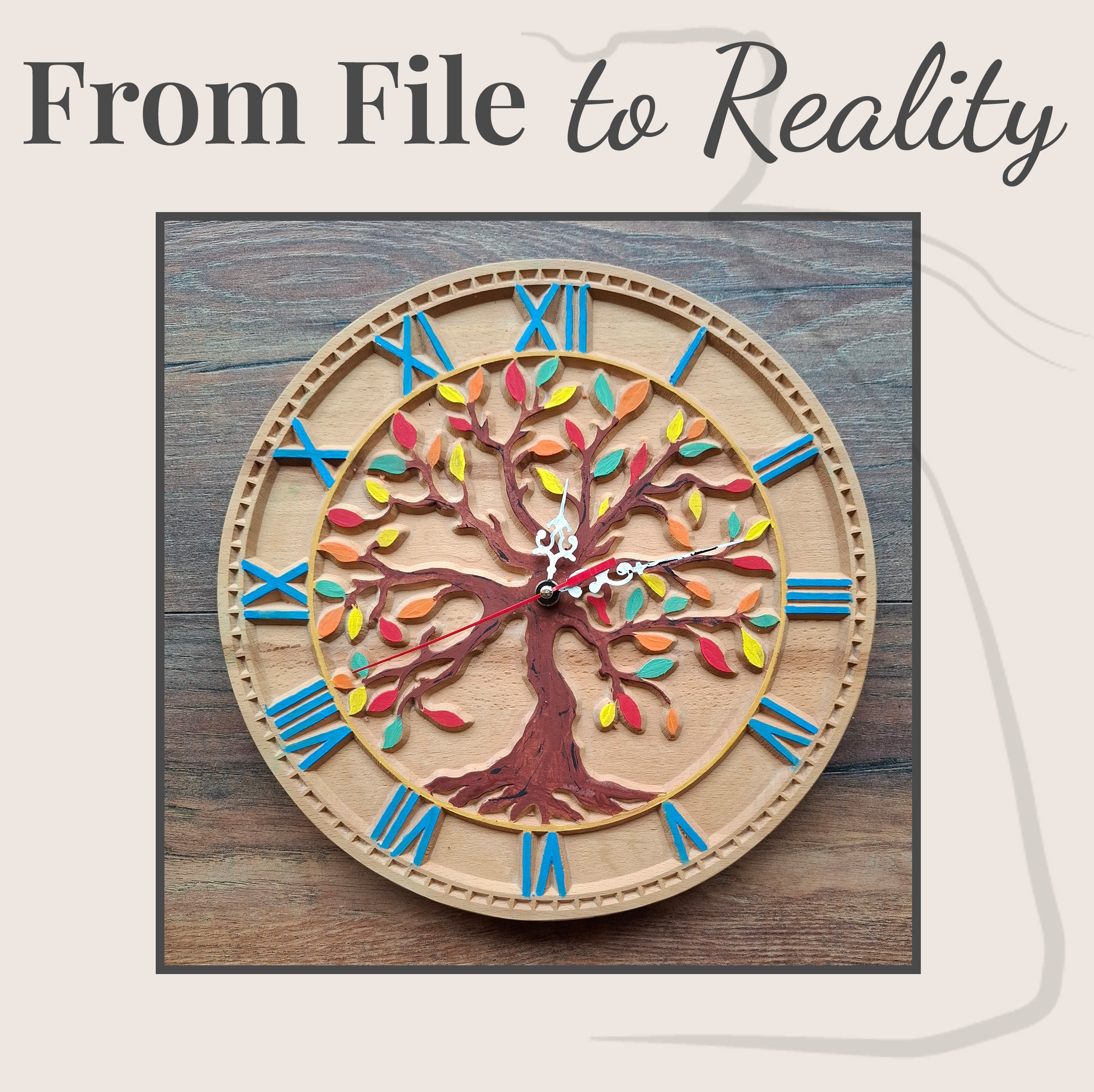 C1 tree of life clock built by BFW customer  painted finish with multicolor leaves and blue Roman numerals