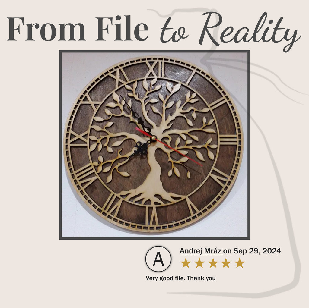 C1L tree of life clock built by BFW customer with Laser,  two-layer build, dark stained back with natural wood face, clock hands fitted
