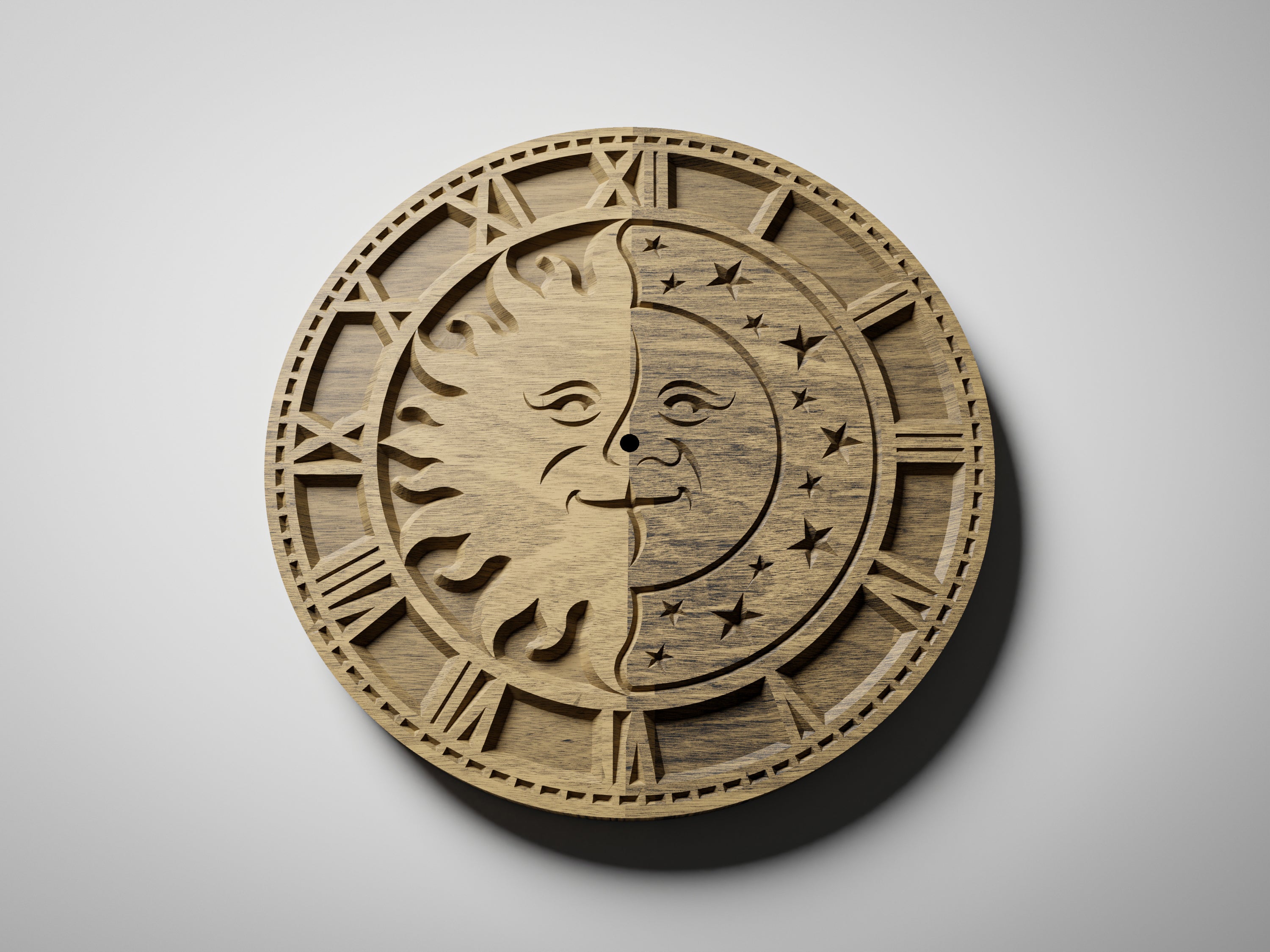 C4 sun and moon CNC clock, Roman numerals, contrasting oak halves, angle view showing moon face and star field