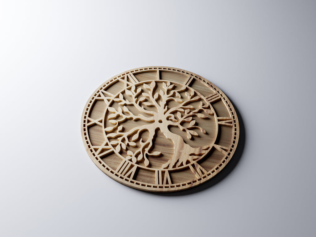 C1L tree of life clock SVG, light wood render, angle view showing contour-cut tree and open negative space