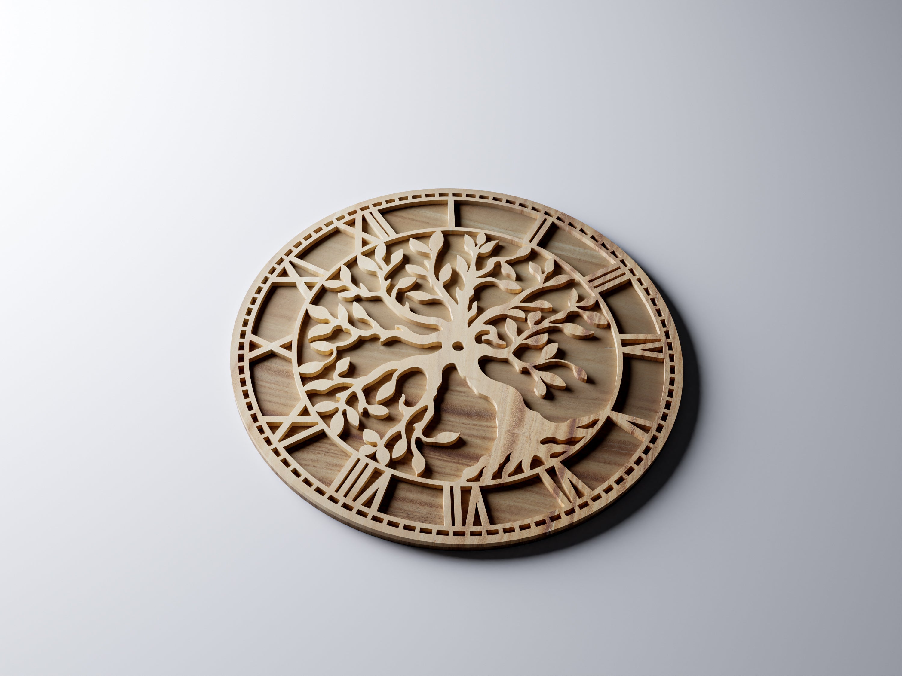 C1L tree of life clock SVG, light wood render, angle view showing contour-cut tree and open negative space