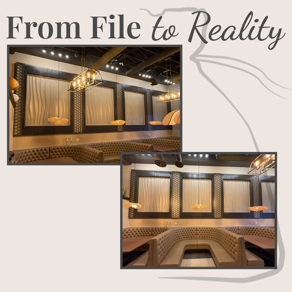 WP11 wall art built by BFW customer  white painted finish, three-panel restaurant installation, commercial hospitality space