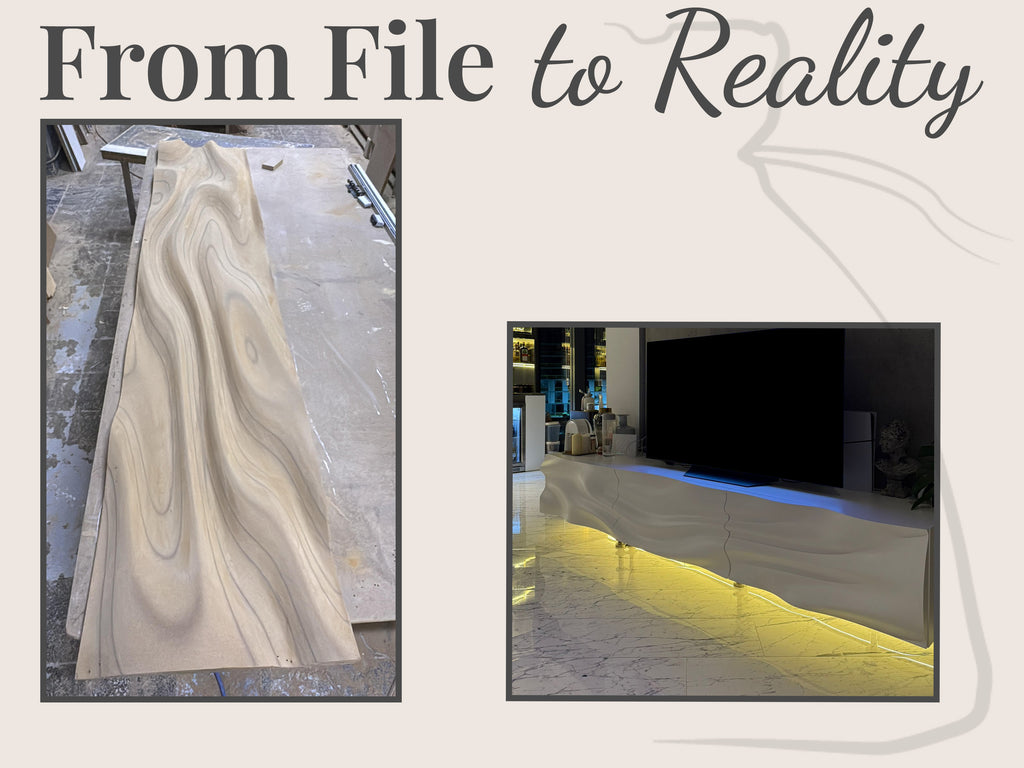 WP2 wave panel CNC build -  white painted finish installed as TV console front with LED underlighting
