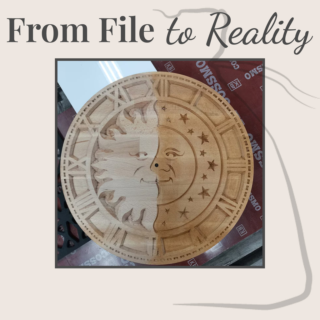 C4 sun and moon clock built by BFW customer, light hardwood, CNC router carving before finishing