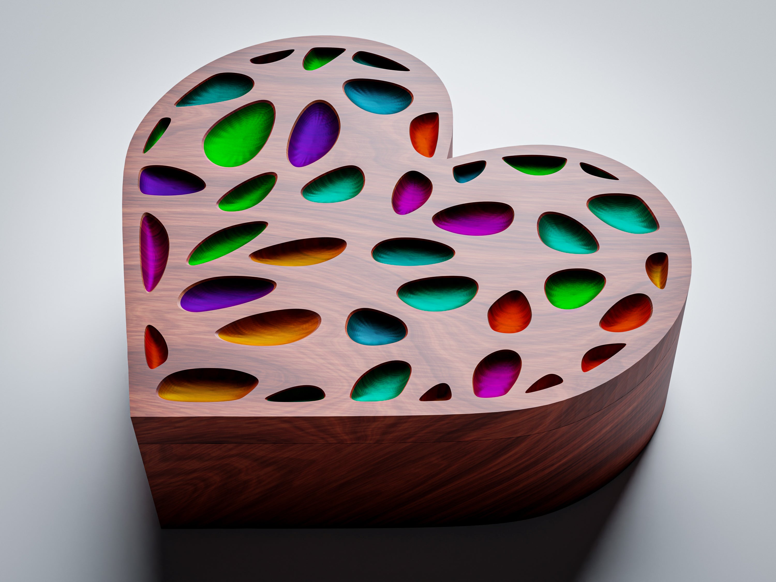 JB5 heart jewelry box CNC files, wood finish render, closed box elevated-angle view showing full heart shape with perforated epoxy art lid