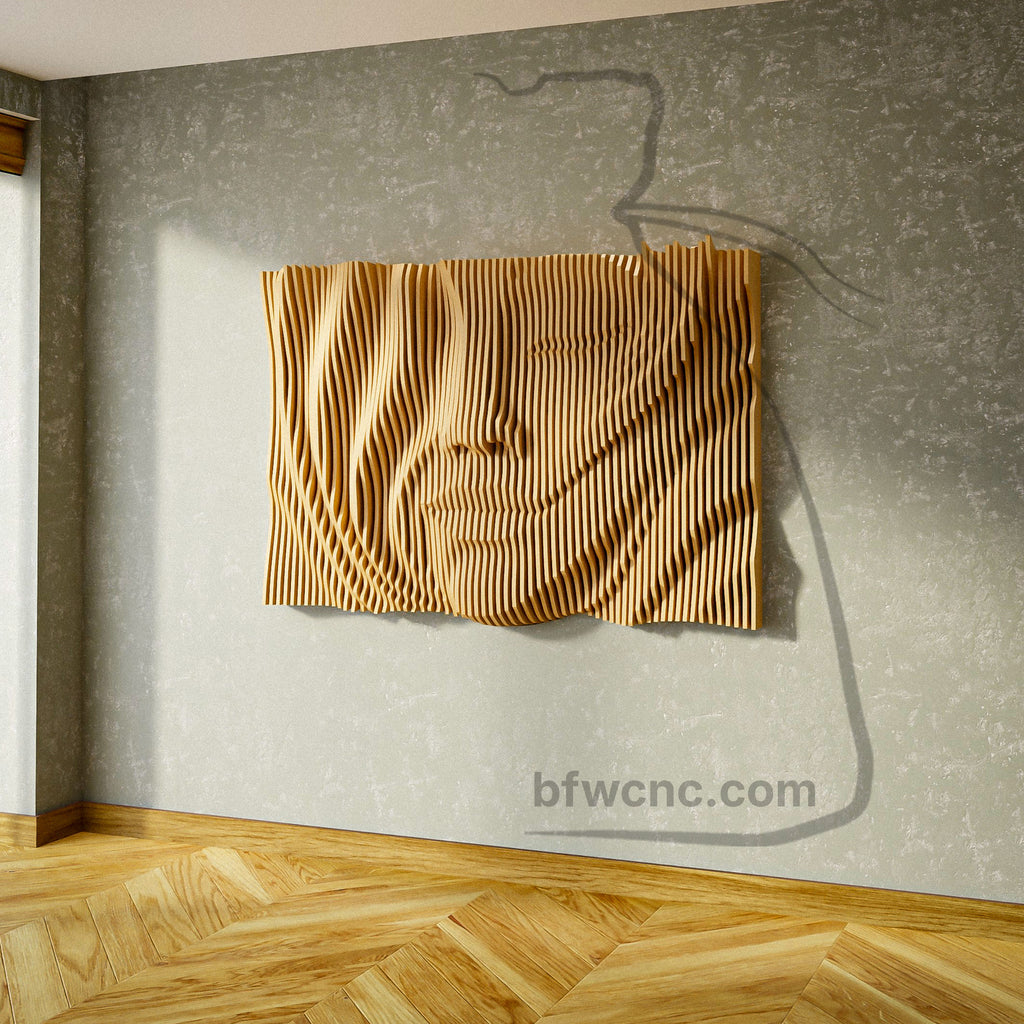 Isometric view of PP10 wooden female face sculpture with a closed eye, softly defined lips, flowing hair and contrasting geometric contours.