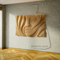 Isometric view of PP10 wooden female face sculpture with a closed eye, softly defined lips, flowing hair and contrasting geometric contours.
