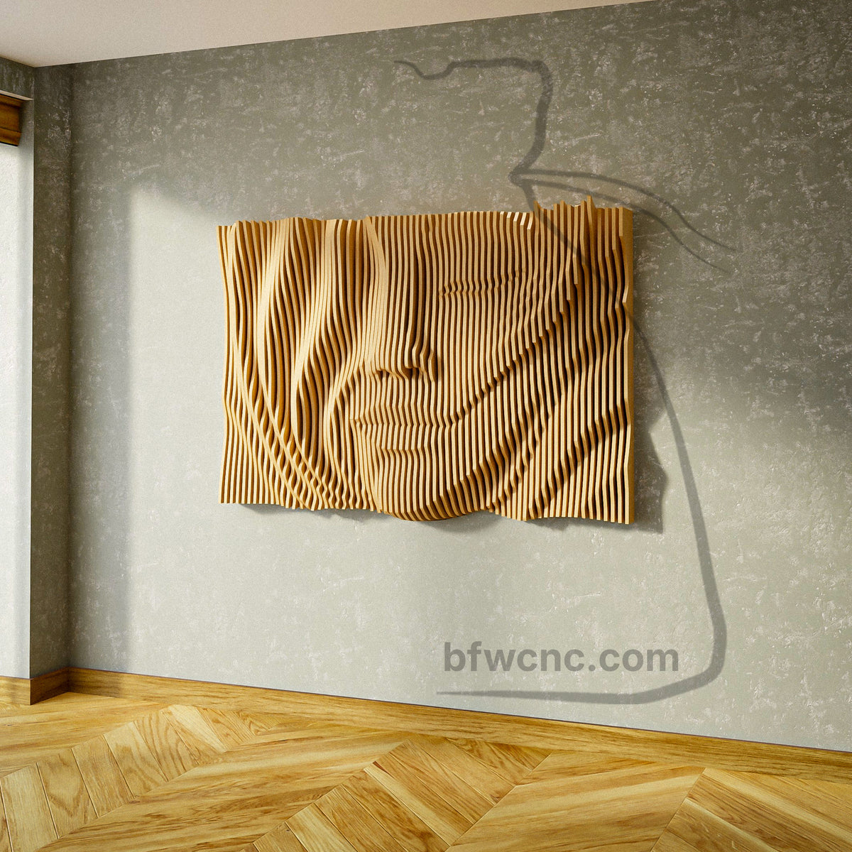Isometric view of PP10 wooden female face sculpture with a closed eye, softly defined lips, flowing hair and contrasting geometric contours.