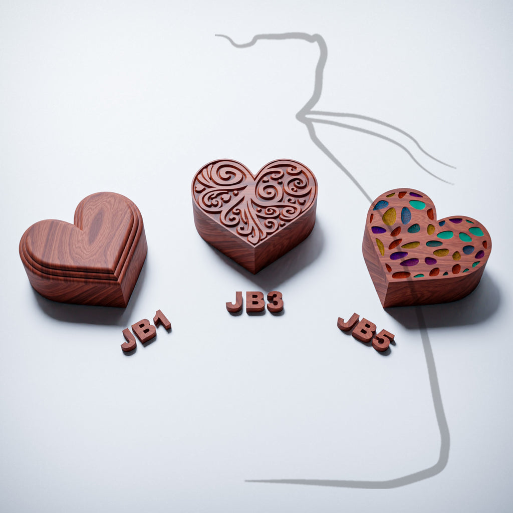 JB1+JB3+JB5 CNC heart  shaped box complete collection, three lid designs,