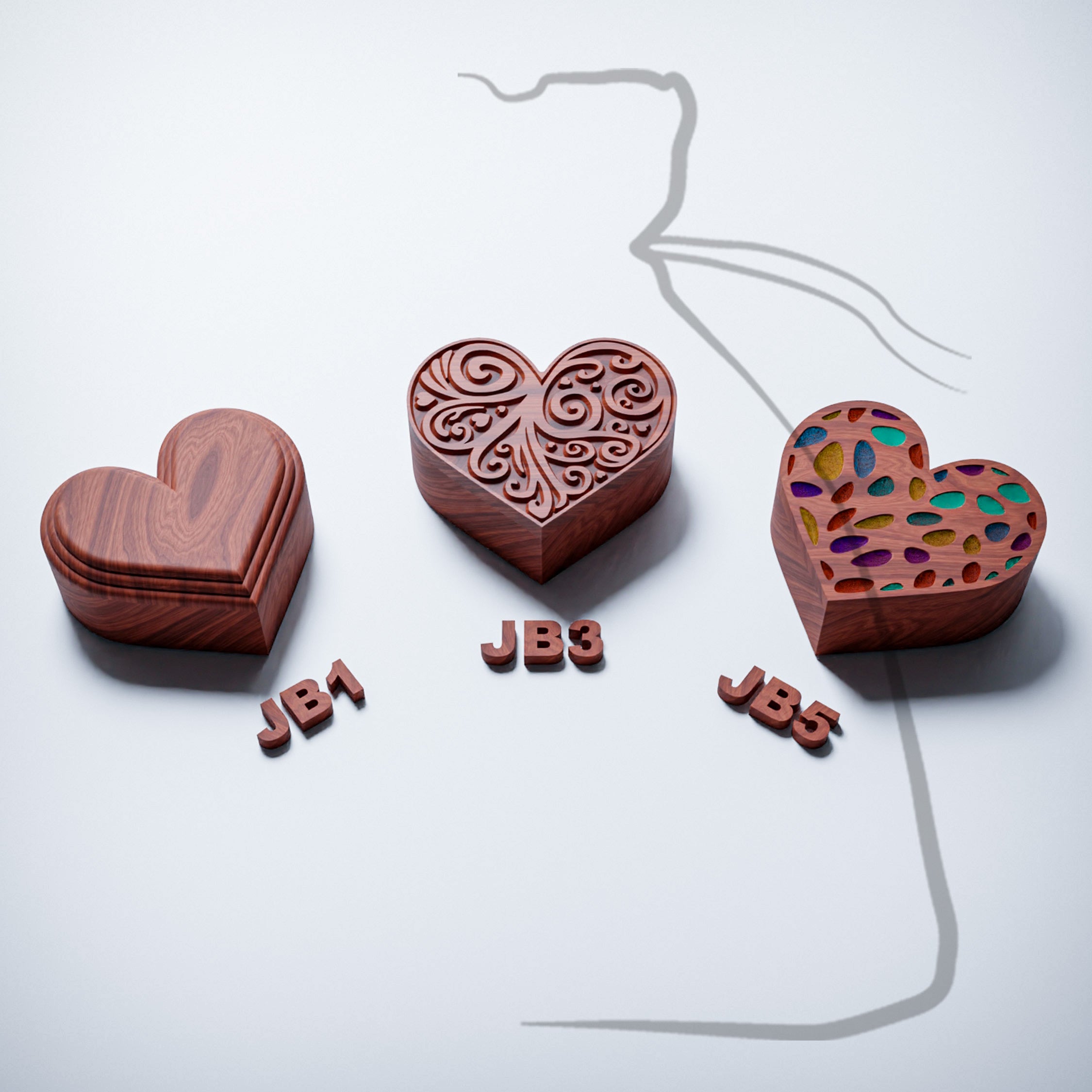 JB1+JB3+JB5 CNC heart  shaped box complete collection, three lid designs,