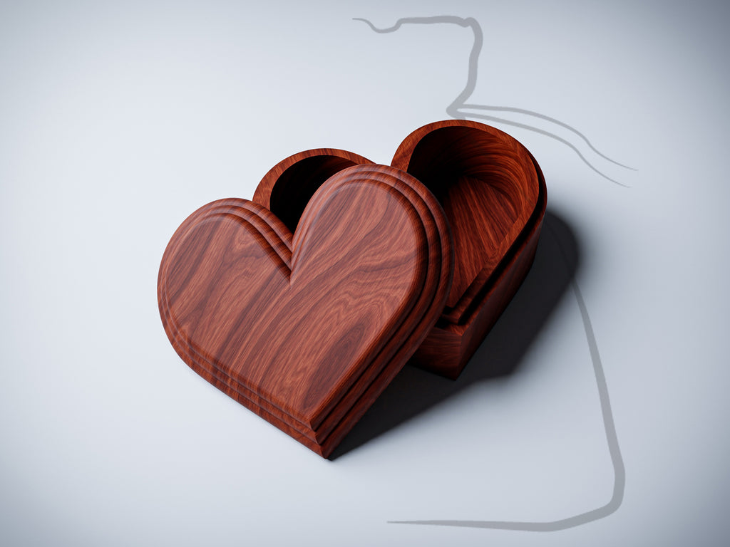 JB1 heart jewelry box CNC files, cherry finish render, open box view showing heart-shaped interior cavity and stepped lid