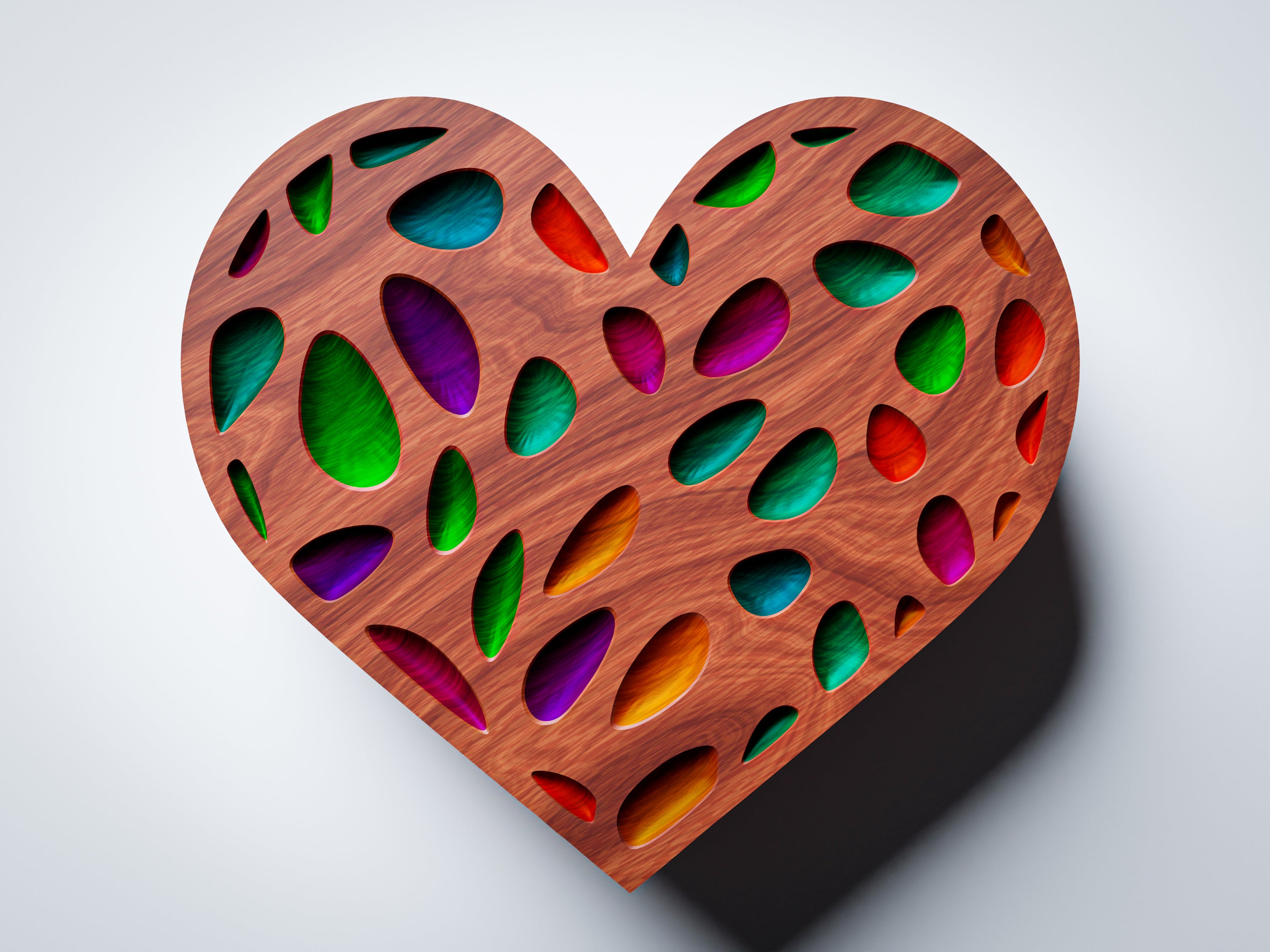 JB5 heart jewelry box CNC files, wood finish render, top-down view of perforated lid showing scattered organic oval and teardrop cutout pattern across the full heart shape