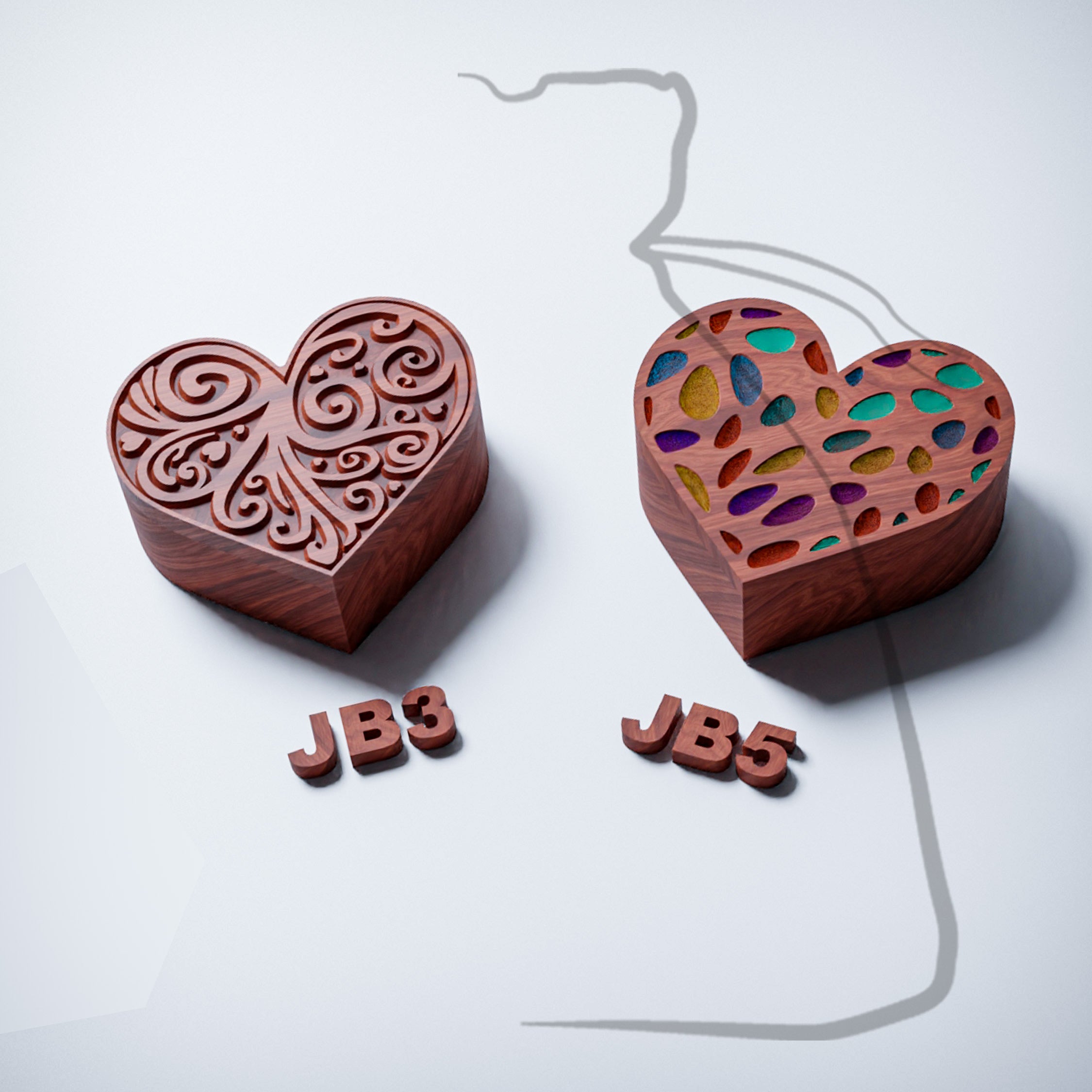 JB3+JB5 CNC heart box bundle, V-carved and epoxy art lids, decorative patterns.