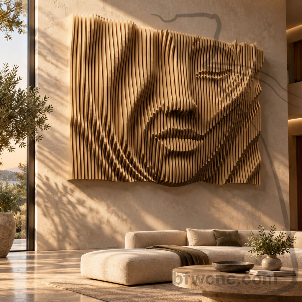 Large-scale PP10 female face sculpture visualized above a curved cream sofa in a contemporary interior, seen from an angled perspective.