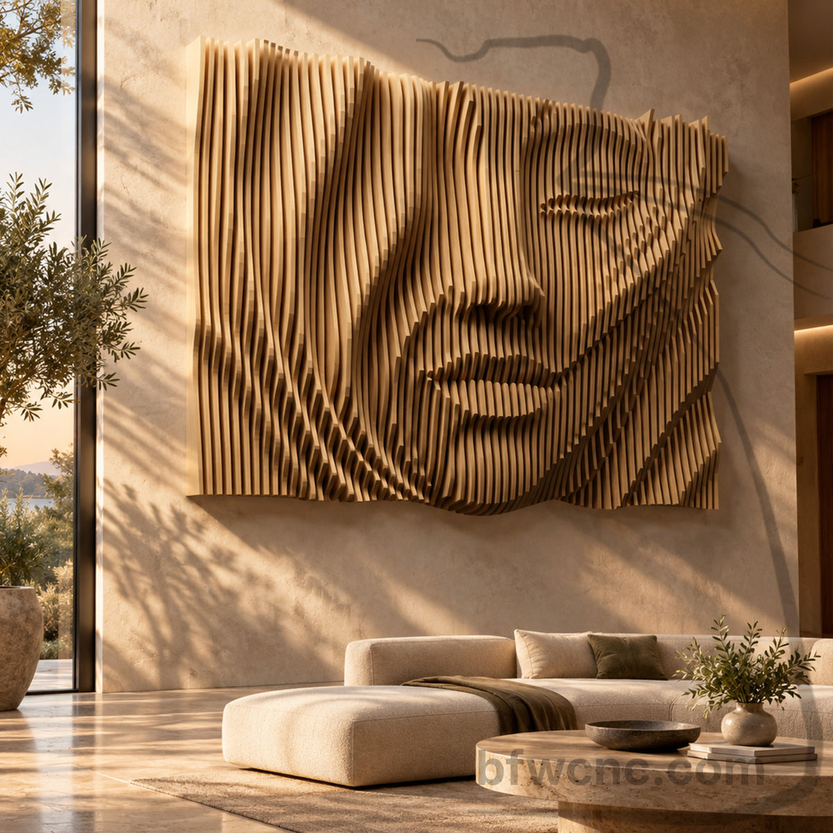 Large-scale PP10 female face sculpture visualized above a curved cream sofa in a contemporary interior, seen from an angled perspective.