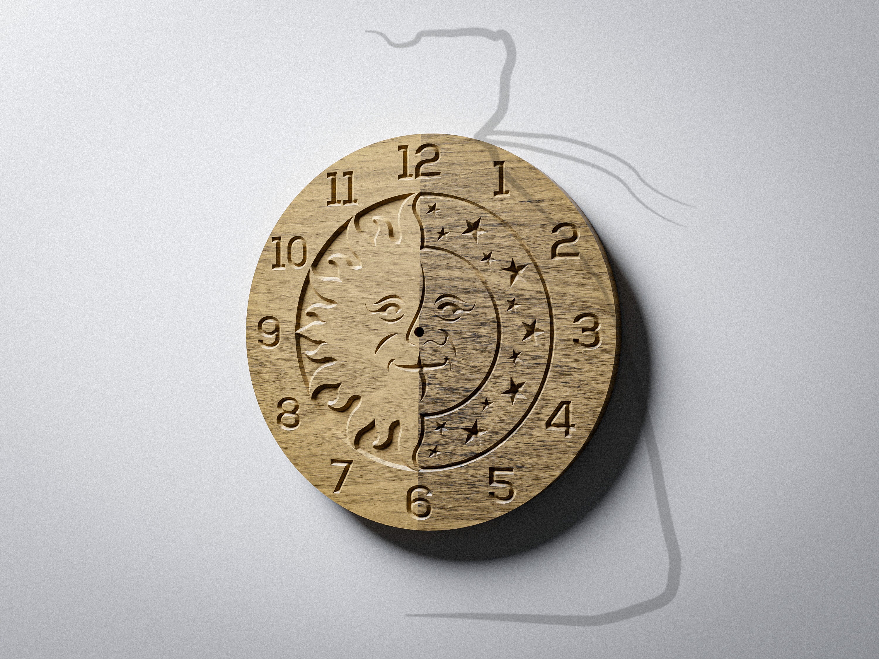 C2 sun and moon CNC clock, warm oak render, thumbnail
