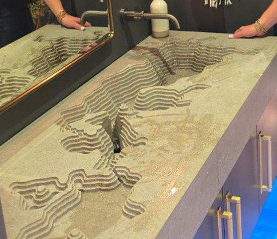 Industrial marble sink with USA lake topology relief, custom 3D model designed by BFW, machined by client on industrial marble CNC, USA