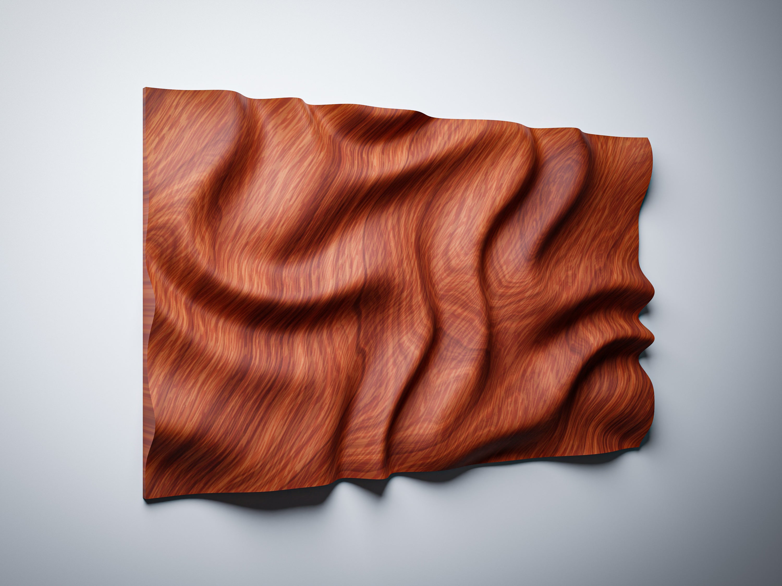 WP9 organic wave wall panel, right-angle render showing wave depth and surface movement, mahogany finish