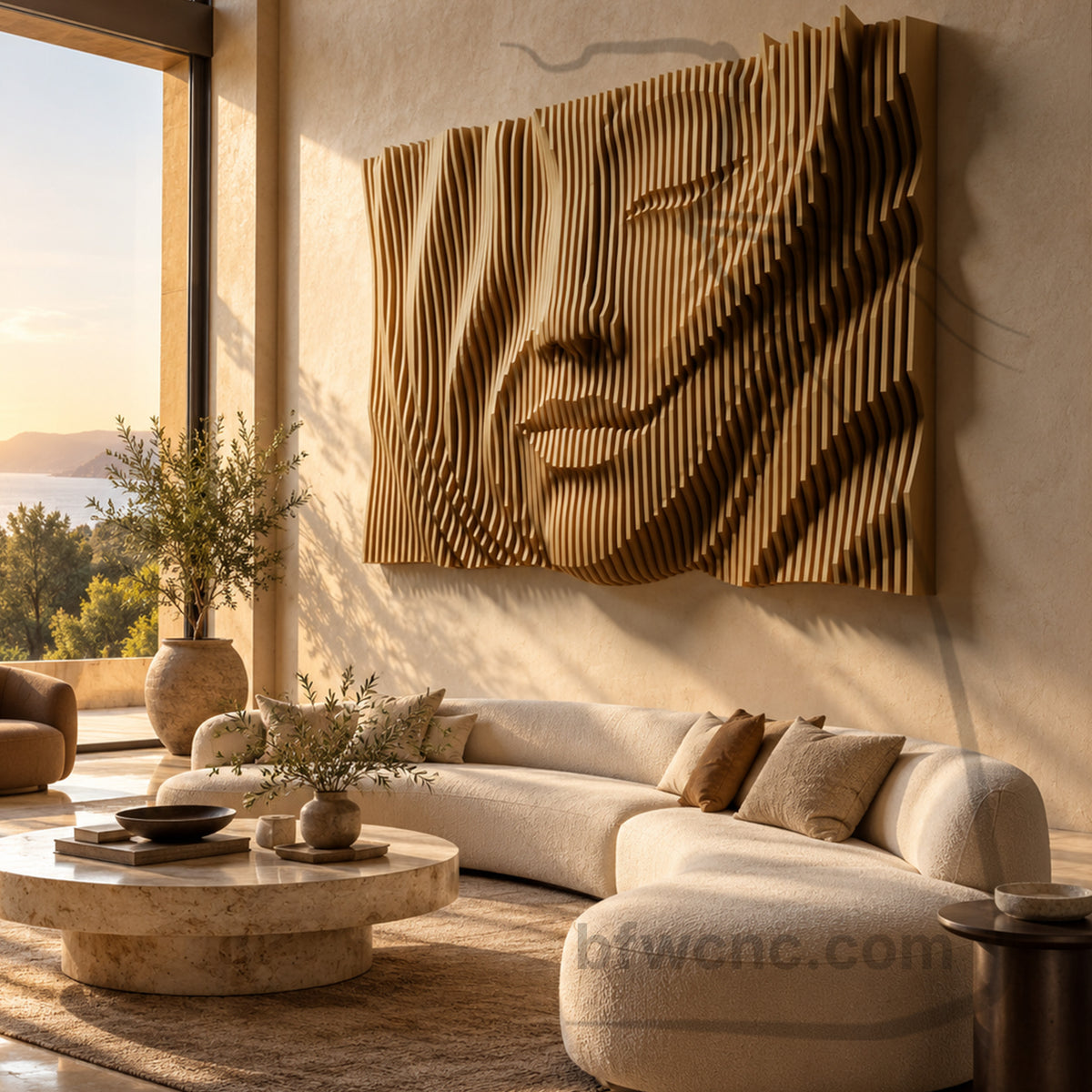 Oversized PP10 wooden female portrait on a high feature wall, showing detailed sculptural contours in warm afternoon sunlight