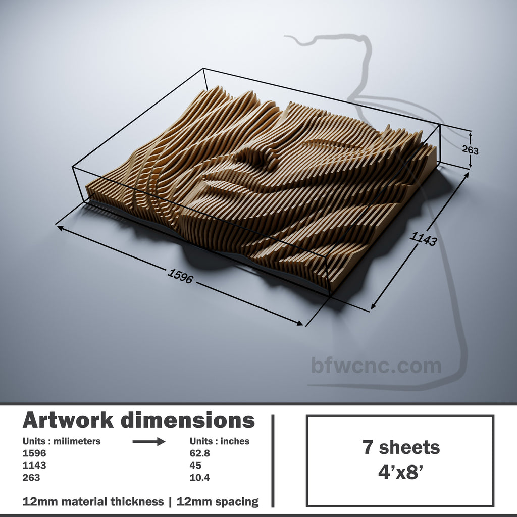 PP10 CNC wall art dimensions: 1596 mm wide, 1143 mm high and 263 mm deep, with 12 mm material and seven standard 4 by 8 foot sheets required.