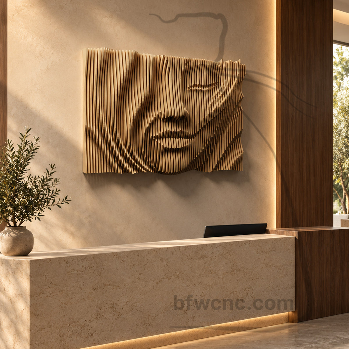 PP10 sculptural female portrait above a pale stone reception counter, combining flowing hair and angular geometric contours