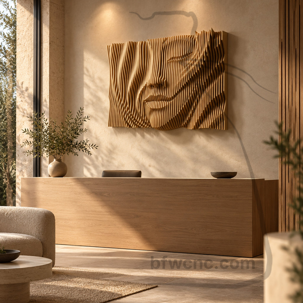 PP10 wooden female face wall artwork visualized behind a minimalist oak reception desk in a contemporary lobby