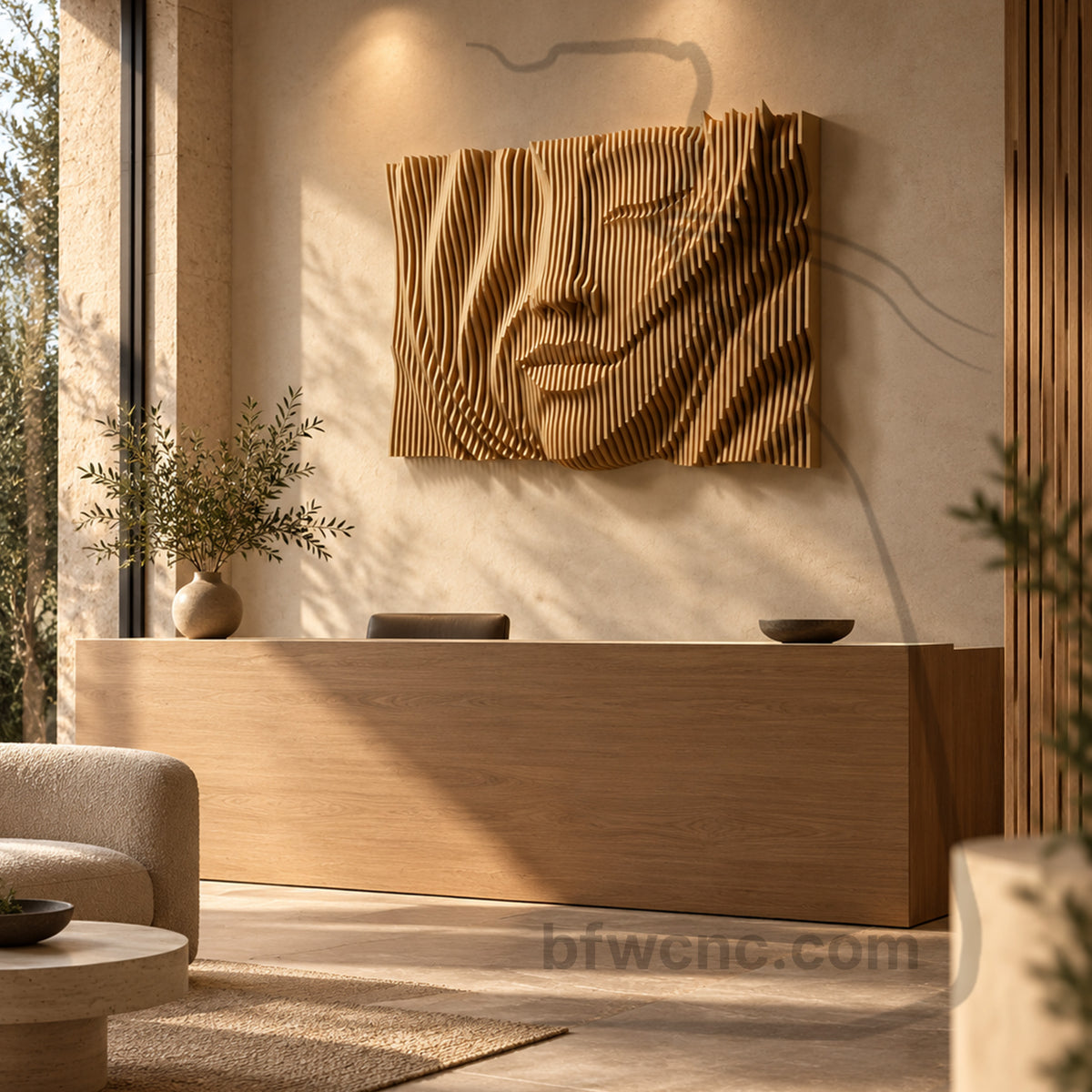 PP10 wooden female face wall artwork visualized behind a minimalist oak reception desk in a contemporary lobby