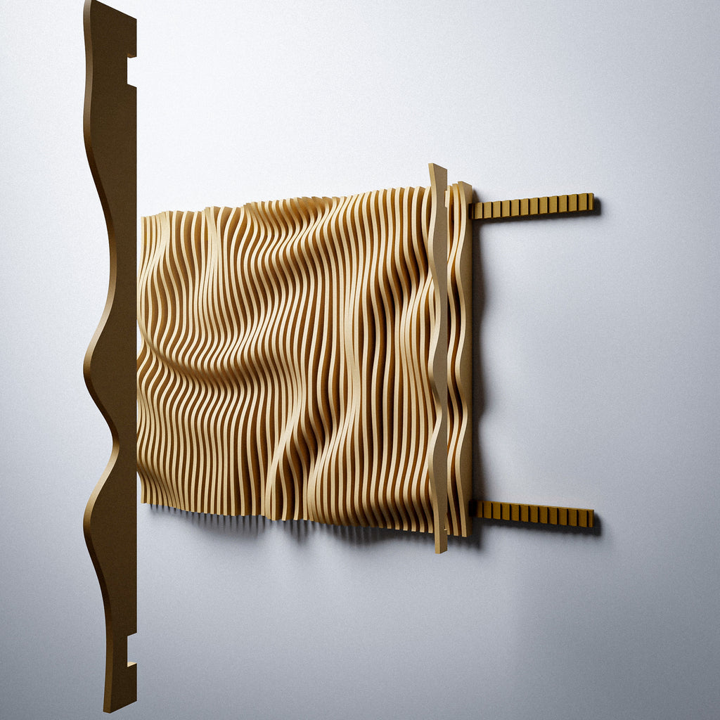 Wooden wall art with wavy pattern assembly on horizontal beams on a plain background
