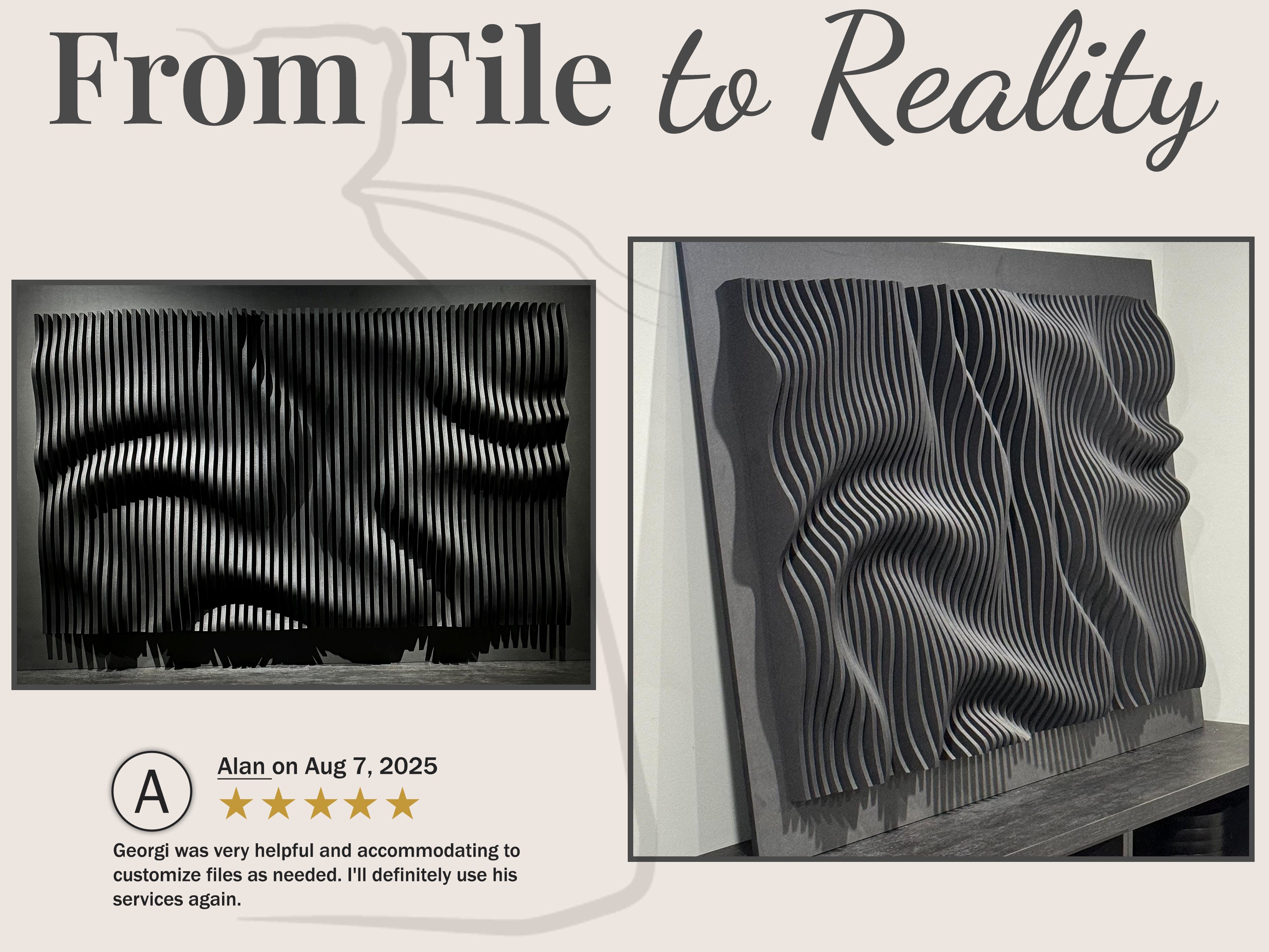 PP3 parametric wall panel custom size built by BFW customer — dark painted finish, CNC router build, angled view showing slat depth
