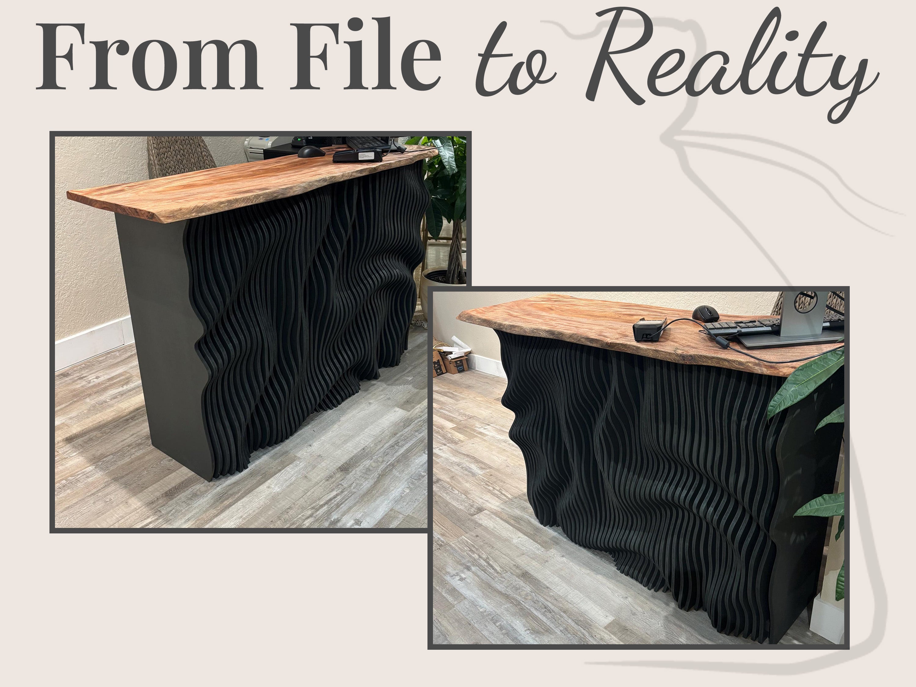 PP3 parametric CNC files used for creaton of a reception desk. Black painted wavy panel as reception desk front with live-edge wood top