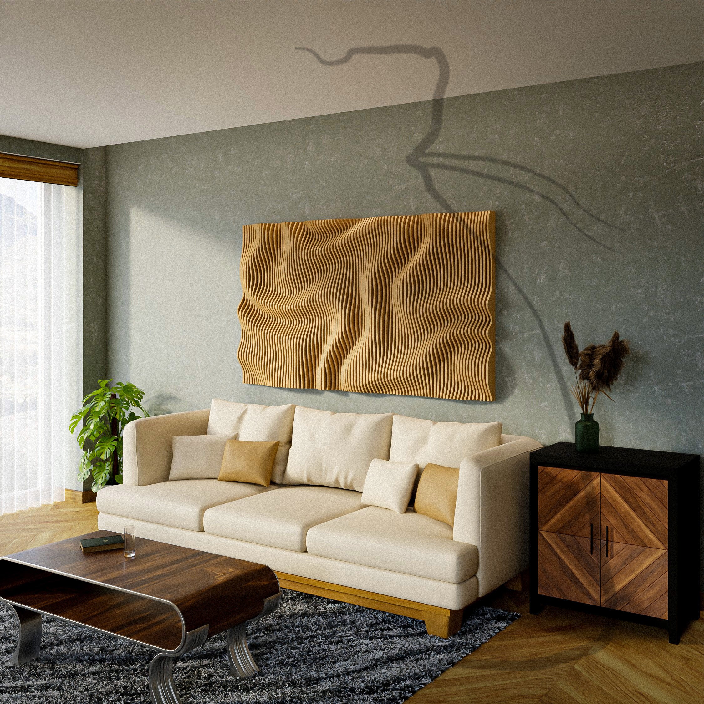 Parametric wall art, organic wave cnc design for routers and lasers. Showcased above sofa as finished wall decoration